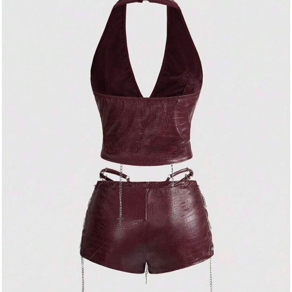 ROMWE Burgundy Faux Leather Rave Set Chain Lace‑Up Halter Top & Shorts Size S - Picture 2 of 8